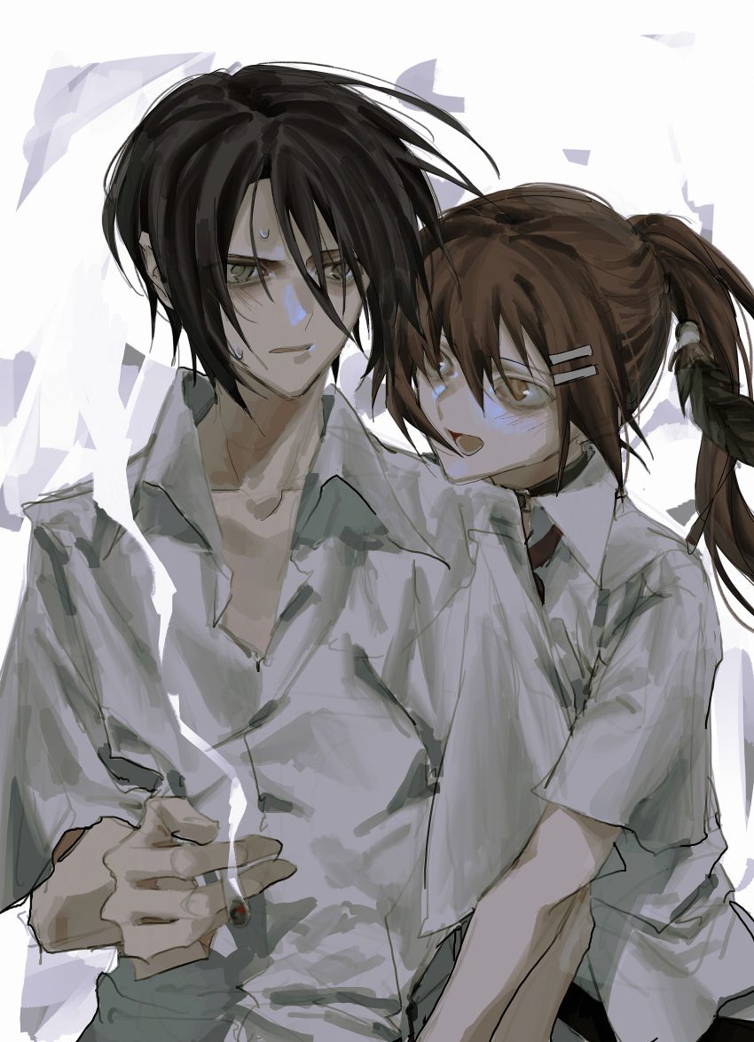 1boy, 1girl, absurdres, black_hair, brown_hair, cigarette, collared_shirt, highres