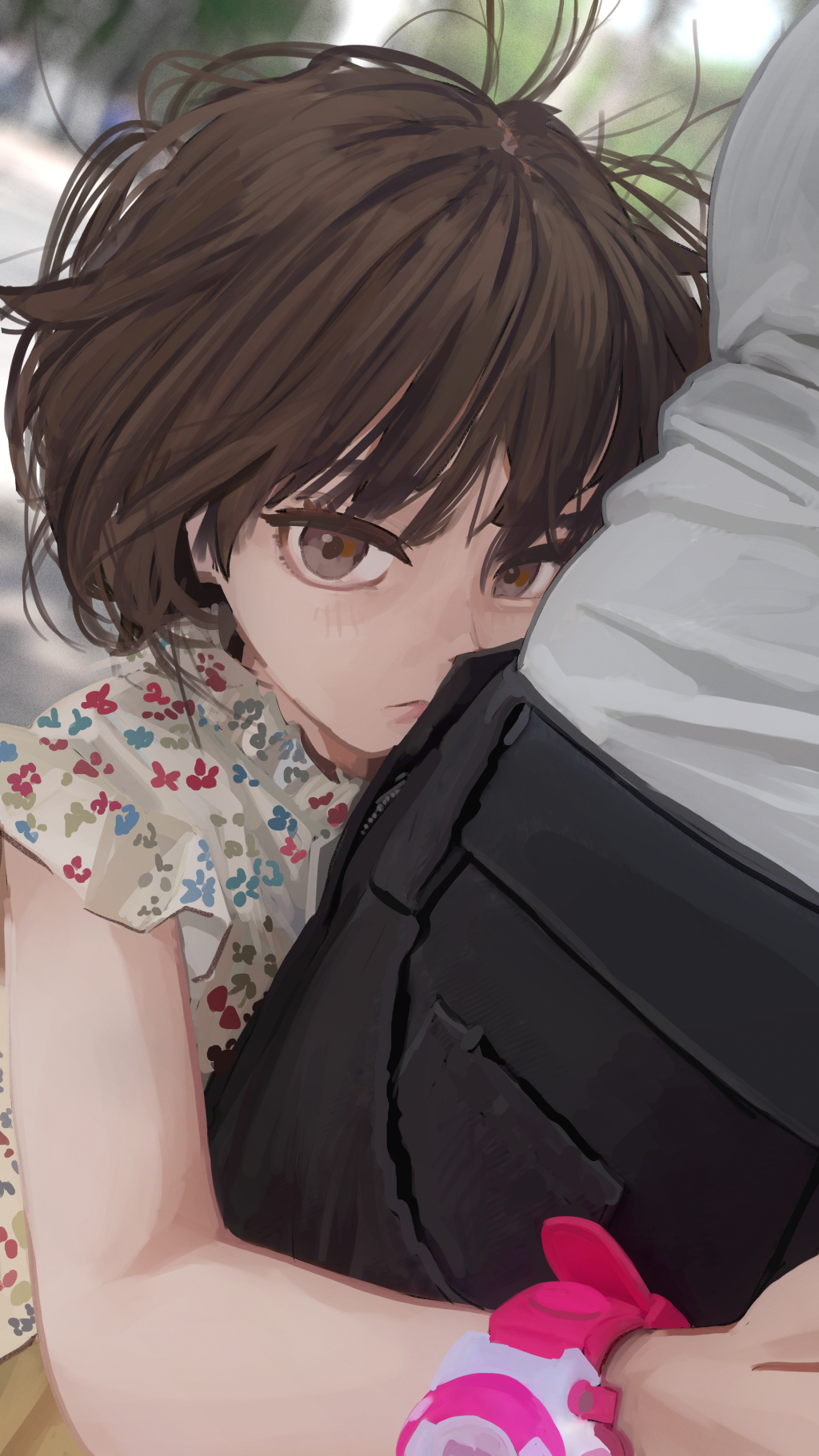 1girl, 1other, black_pants, blurry, blurry_background, brown_eyes, brown_hair, child