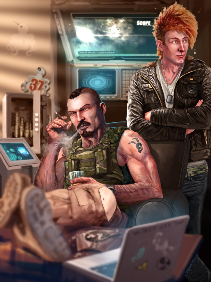 2boys, arm_hair, arm_tattoo, artist_name, ashtray, bare_arms, beard, black_hair