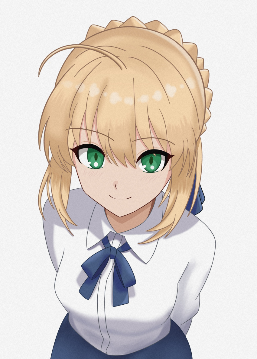 1girl, absurdres, ahoge, artoria_pendragon_(fate), blonde_hair, blue_ribbon, blue_skirt, braid