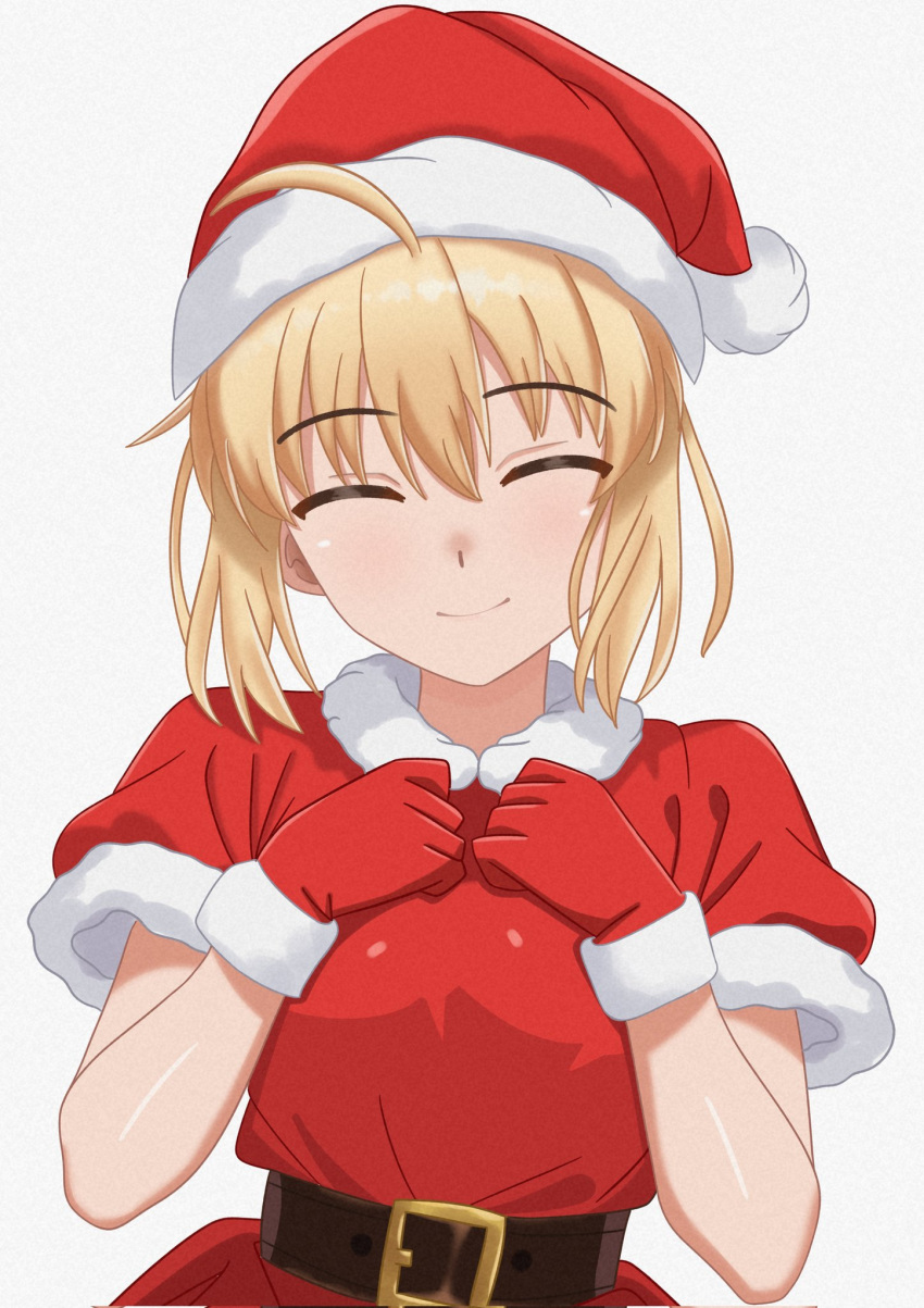 1girl, ahoge, artoria_pendragon_(fate), belt, blonde_hair, breasts, closed_eyes, dress