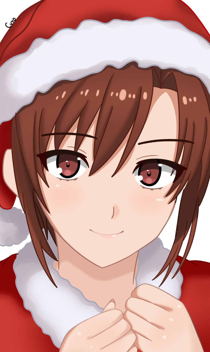 1girl, absurdres, aozaki_touko, brown_eyes, brown_hair, dress, fur_trim, hat