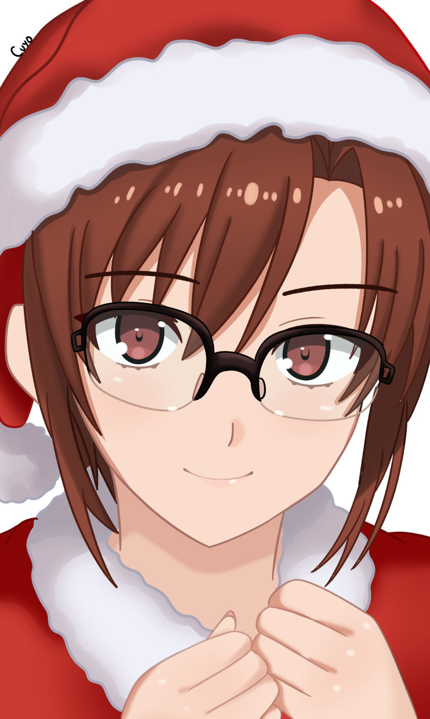 1girl, absurdres, aozaki_touko, brown_eyes, brown_hair, dress, fur_trim, glasses