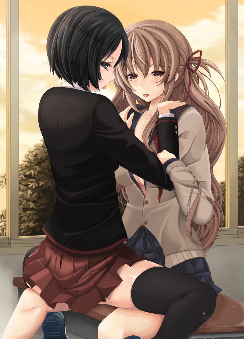 black_eyes, black_hair, black_legwear, blazer, breasts, brown_eyes, brown_hair, cardigan, cleavage, hair_ornament, hair_ribbon, hairclip, kiss, long_hair, multiple_girls, open_clothes, open_shirt, original, pleated_skirt, ribbon, saliva, saliva_trail, school_uniform, shirt, short_hair, skindentation, skirt, straddle, tawara_hiryuu, tears, thigh-highs, thighhighs, tongue, yuri, zettai_ryouiki