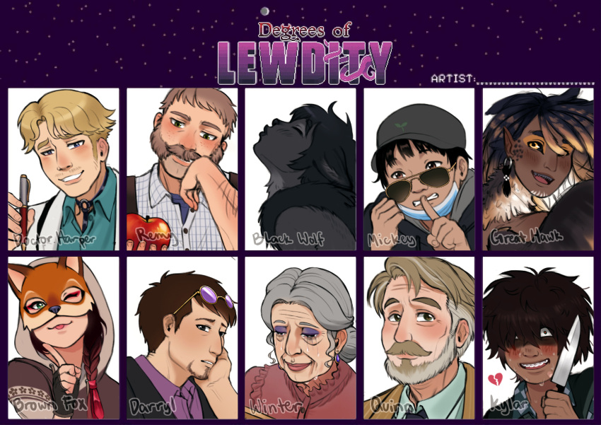 2girls, 6+boys, animal_ears, apple, beard, bird_boy, black_hair, black_wolf_(degrees_of_lewdity)