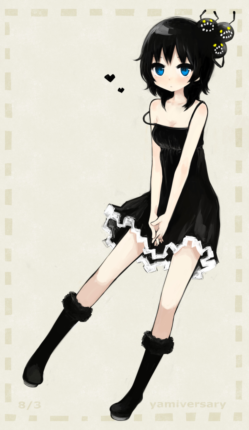 bare_shoulders, black_hair, blue_eyes, blush, boots, breasts, camisole, cleavage