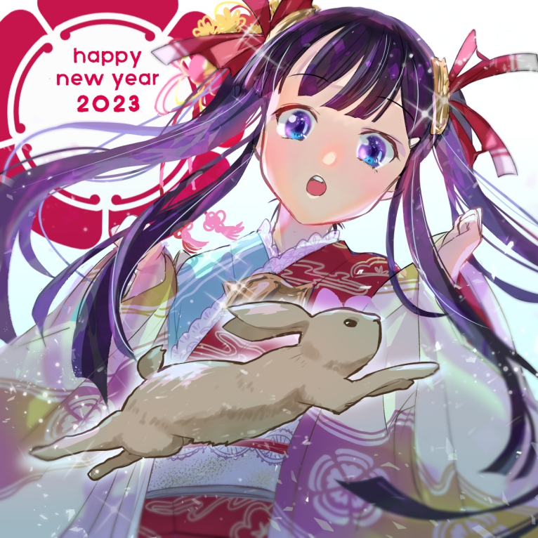 1girl, 2023, black_hair, blue_eyes, blue_kimono, chinese_zodiac, colored_inner_hair, commentary_request