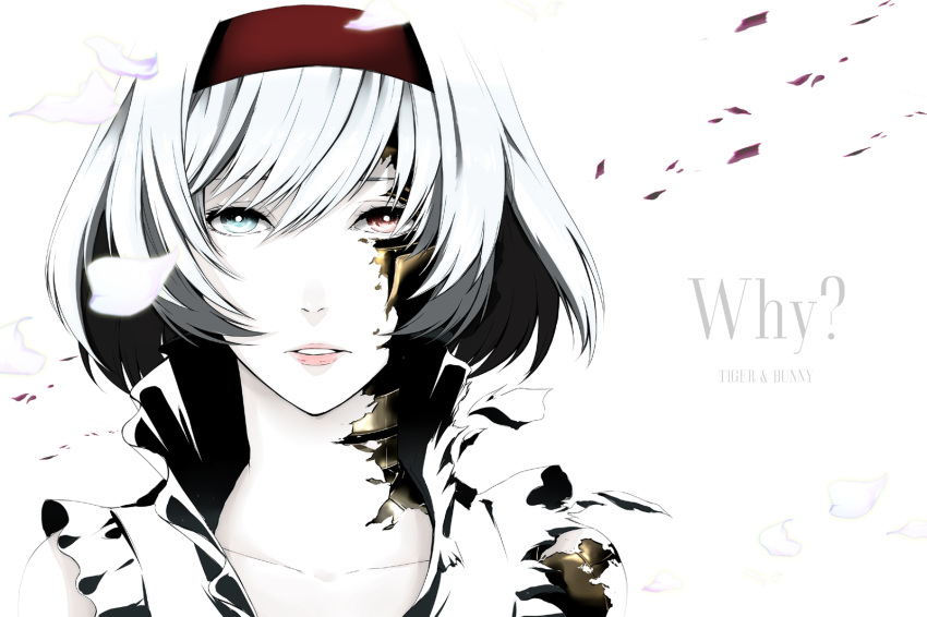 bad_id, bare_shoulders, blue_eyes, bob_cut, cis_(tiger_&amp;_bunny), close, damaged, hairband, highres, motion, petals, red_eyes, short_hair, solo, spoilers, tiger_&amp;_bunny, white_hair