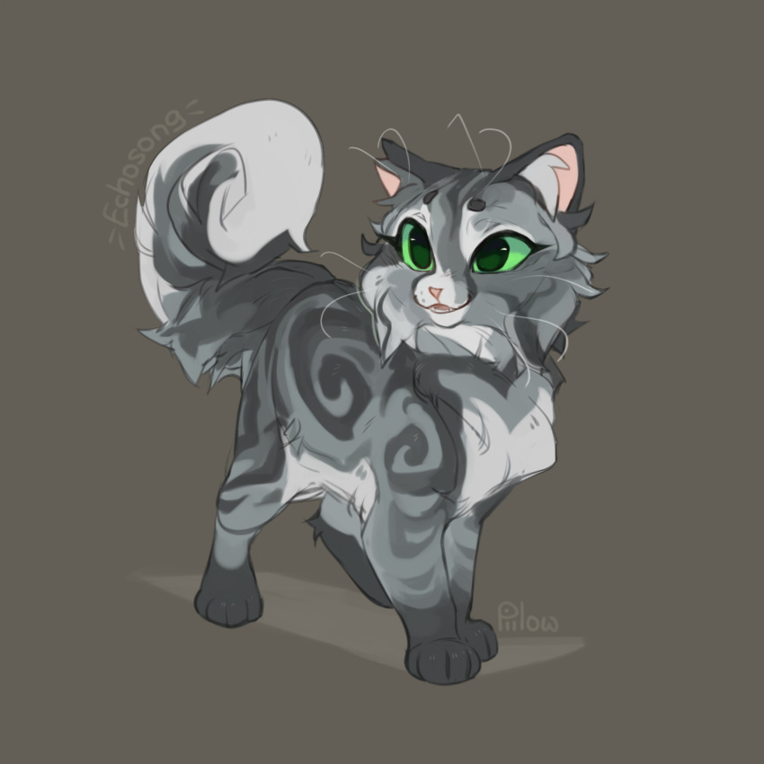 animal, animal_focus, artist_name, brown_background, cat, character_name, commentary, echosong, english_commentary, fluffy, fluffy_tail, full_body, graypillow, green_eyes, grey_cat, highres, looking_at_viewer, no_humans, open_mouth, simple_background, smiile, solo, tabby_cat, tachi-e, warrior_cats, whiskers