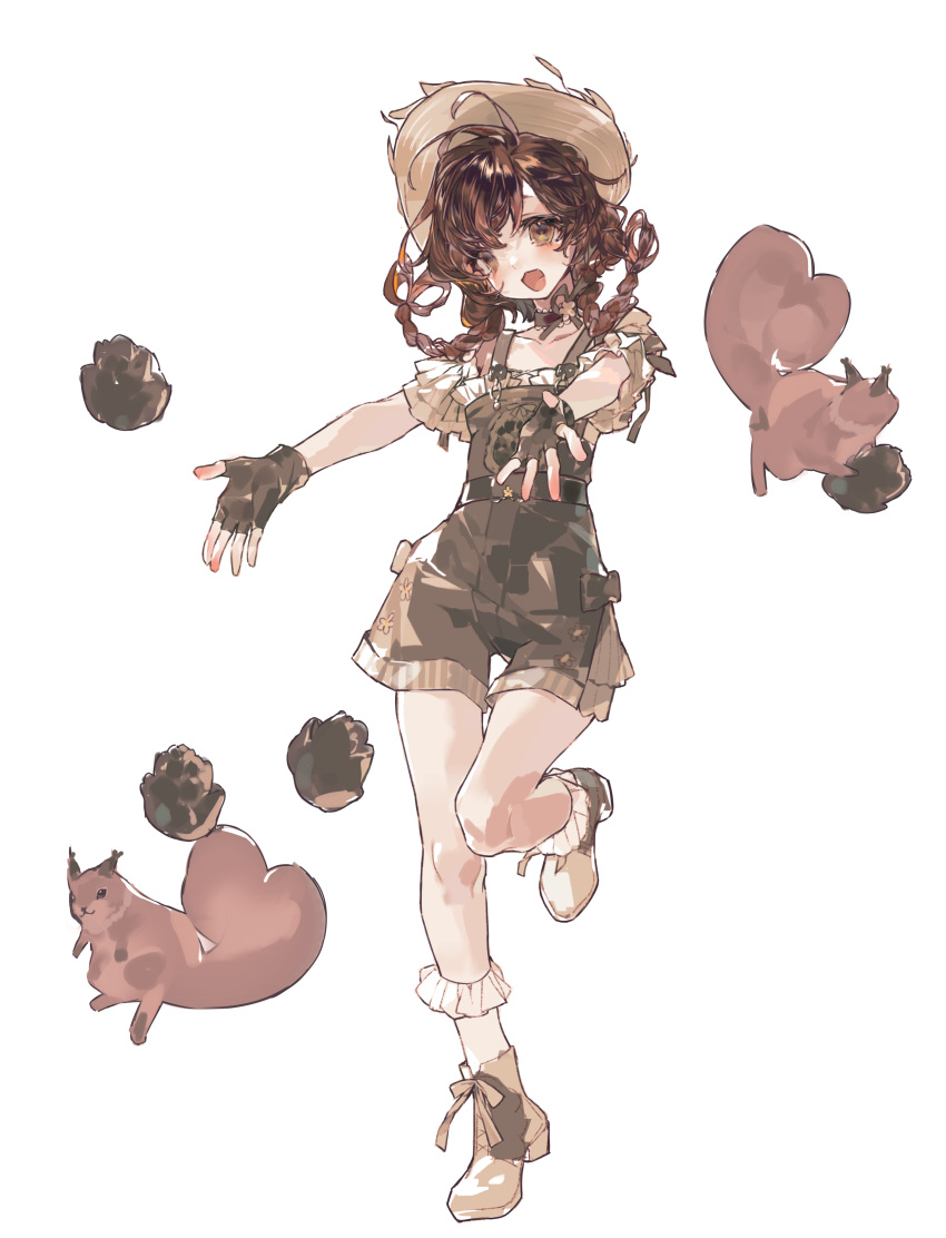 1girl, absurdres, animal, ankle_socks, black_bow, black_gloves, black_overalls, boots