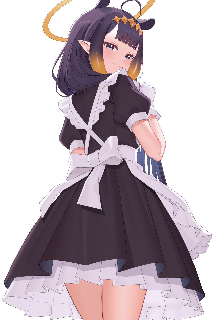 1girl, absurdres, ahoge, alternate_costume, apron, bine_kun, black_dress, blue_eyes