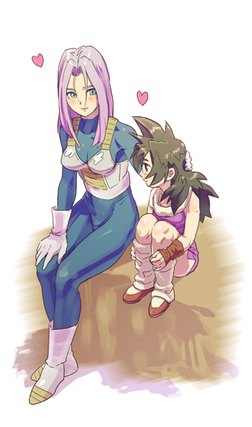 2girls, age_difference, armor, black_hair, blush, breasts, dragon_ball, dragon_ball_z