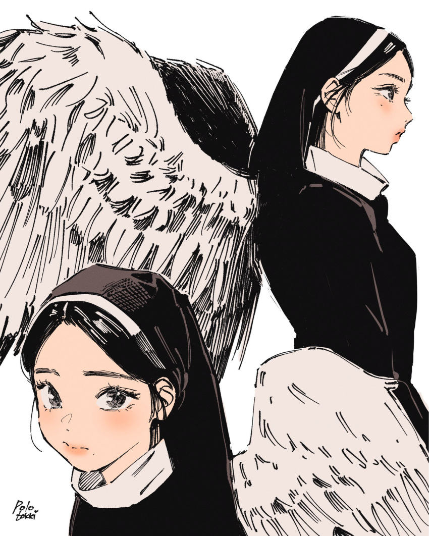 2girls, aespa, angel, animification, artist_name, black_dress, black_eyes, black_hair