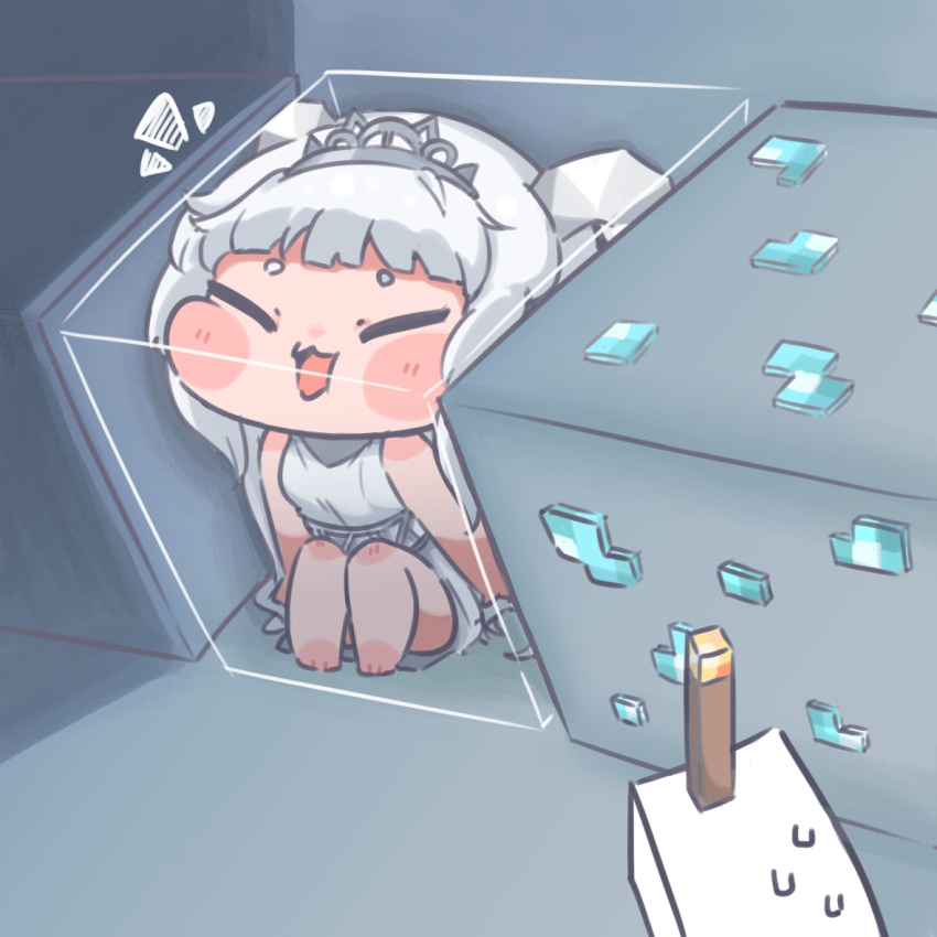 1girl, arm_support, bare_arms, barefoot, block_(minecraft), blush_stickers, chai_chai_huishi, chibi