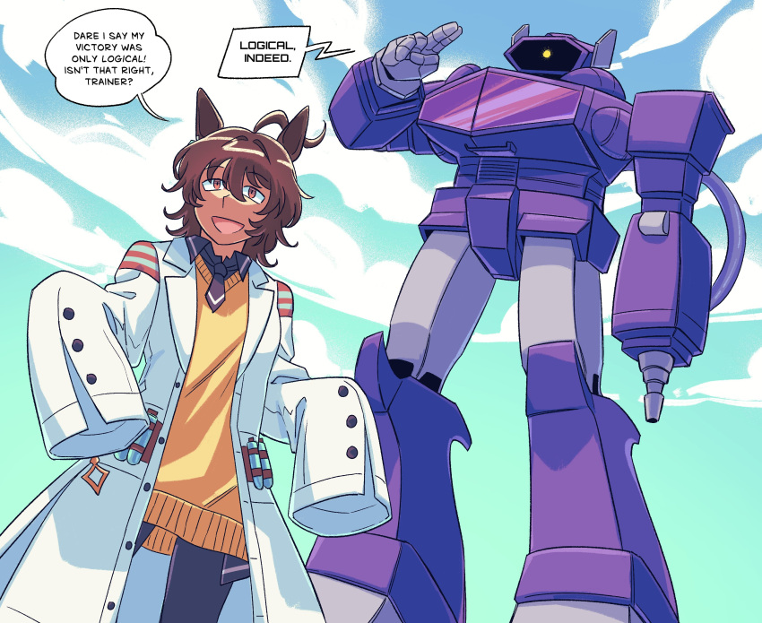 1boy, 1girl, absurdres, agnes_tachyon_(tach-nology)_(umamusume), agnes_tachyon_(umamusume), animal_ears, black_pantyhose, brown_eyes, brown_hair, brown_necktie, commentary, crossover, decepticon, english_commentary, english_text, highres, horse_ears, horse_girl, lab_coat, mecha, necktie, open_mouth, pantyhose, robot, shockwave_(transformers), short_necktie, sleeves_past_fingers, sleeves_past_wrists, smile, sweater, test_tube, transformers, transformers:_generation_1, umamusume, vincent-san, yellow_sweater