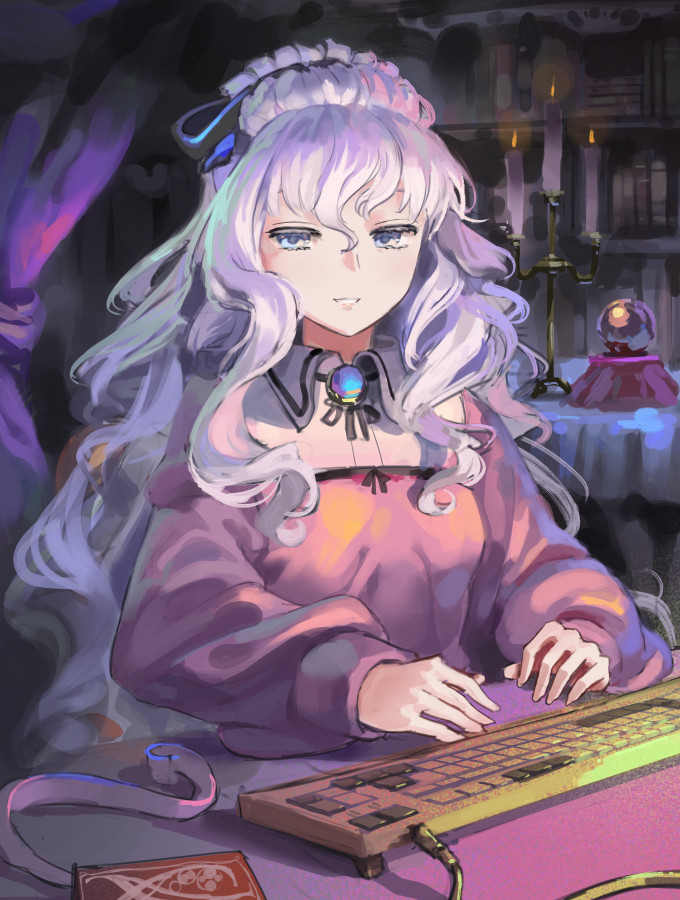 1girl, black_bow, blue_eyes, book, bookshelf, bow, brooch, candelabra