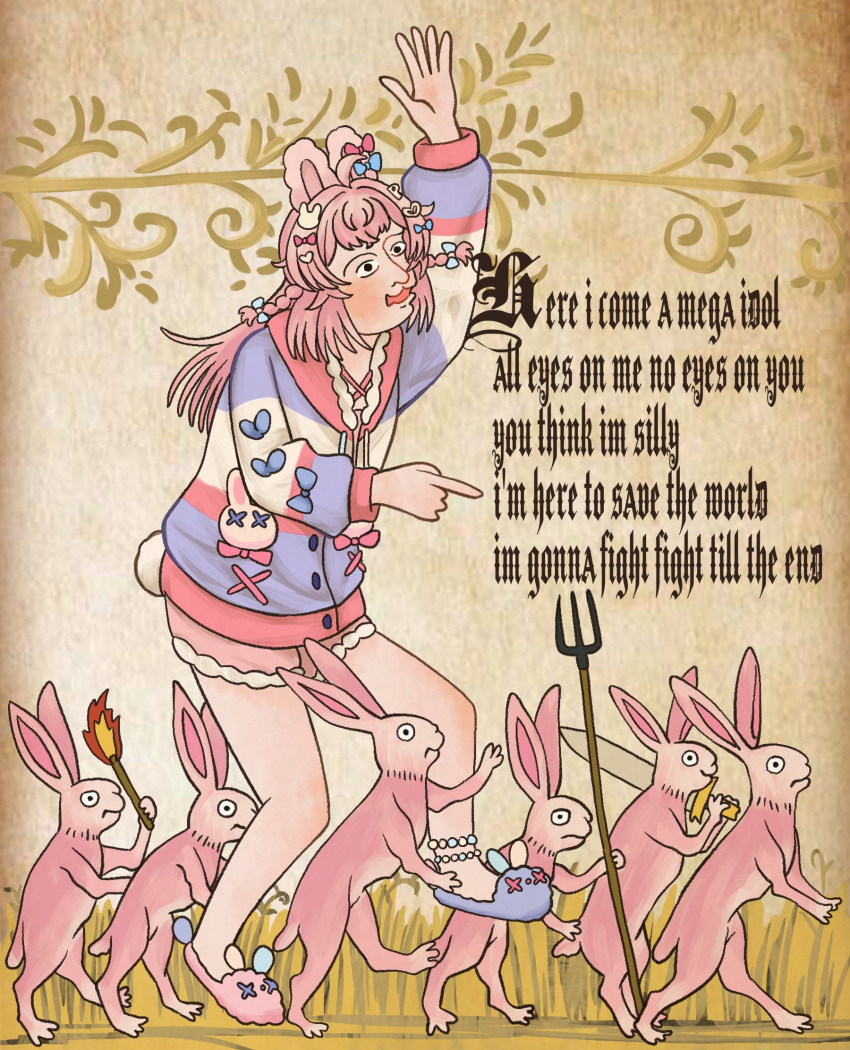 animal_ears, animal_slippers, anklet, arm_up, bead_anklet, beads, bloomers, bunny_slippers