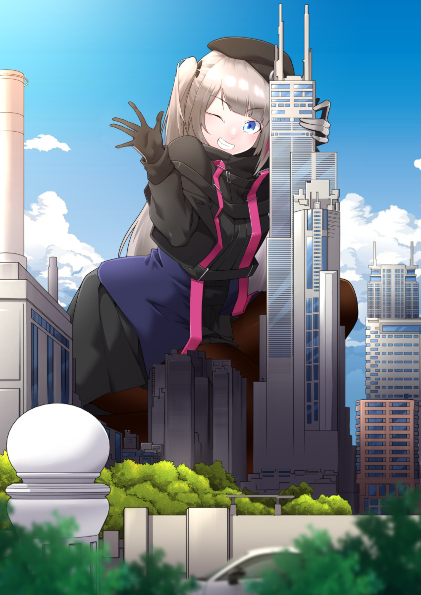 1girl, absurdres, beret, black_gloves, black_hat, black_jacket, black_pantyhose, black_skirt