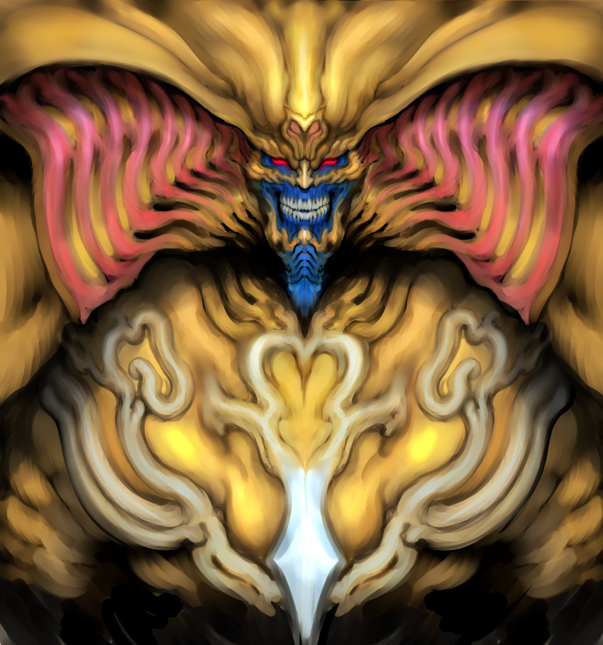 absurdres, blue_skin, colored_skin, commentary, duel_monster, english_commentary, exodia_the_forbidden_one, grin