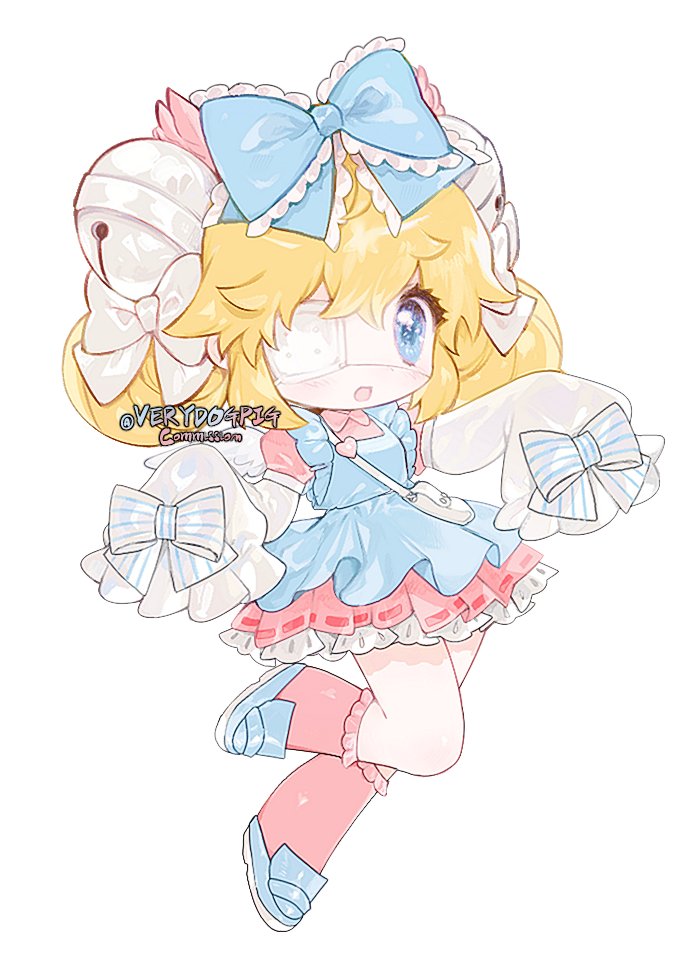 1girl, apron, bell, blonde_hair, blue_apron, blue_bow, blue_eyes, bow