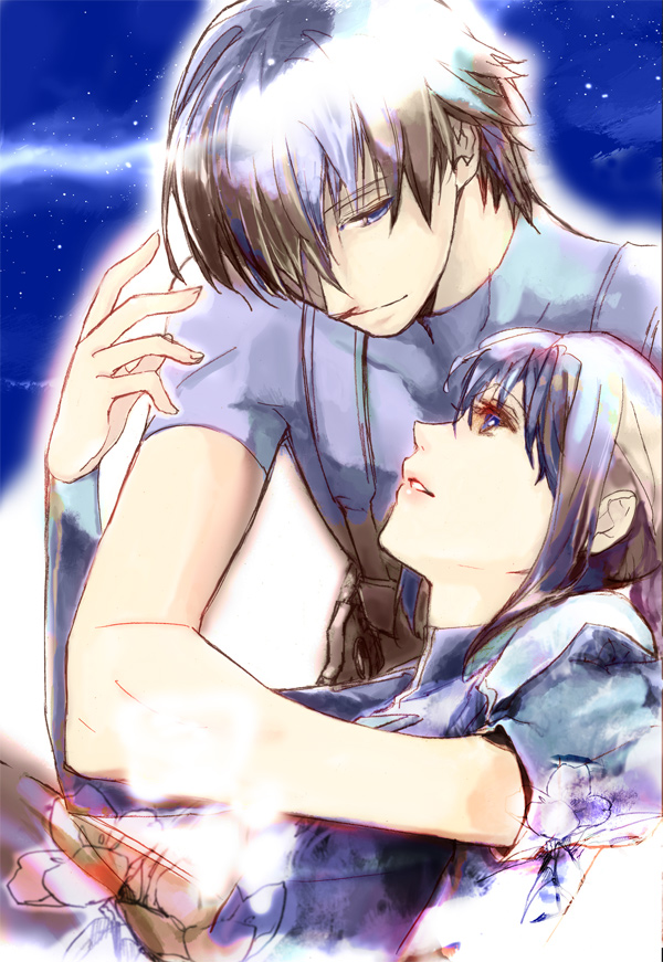 1girl, bai, black_eyes, black_gloves, black_hair, blue_eyes, bodysuit, brother_and_sister, couple, darker_than_black, flower, gloves, hei, short_hair, siblings, tozai