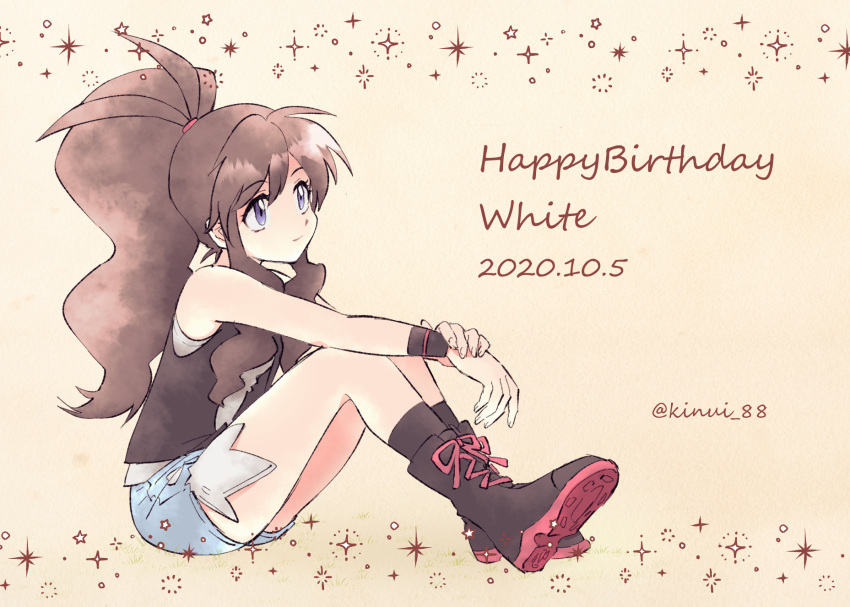 1girl, black_boots, black_shirt, black_socks, blue_shorts, boots, brown_hair, closed_mouth