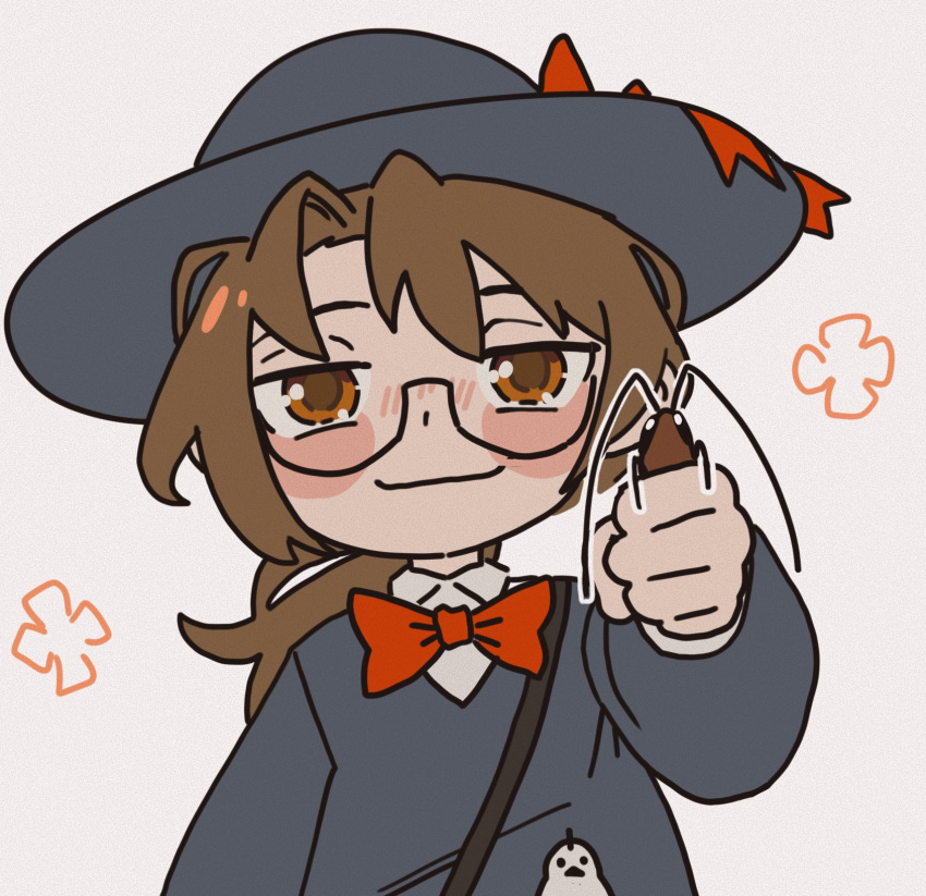 1boy, aged_down, black_hat, black_shirt, brown_hair, commentary, corvusphobia, english_commentary, glasses, gregor's_cockroach_(project_moon), gregor_(project_moon), hat, hat_ribbon, highres, limbus_company, looking_at_viewer, project_moon, red_ribbon, ribbon, school_uniform, shirt, short_hair, simple_background, smile, solo, upper_body, white_background