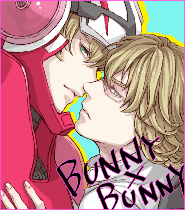 2boys, armor, barnaby_brooks_jr, blonde_hair, dual_persona, glasses, green_eyes, himmelxxx, jacket, male, multiple_boys, power_armor, power_suit, red_jacket, selfcest, superhero, tiger_&amp;_bunny, yaoi