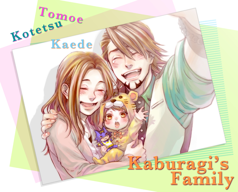 amamiya_tomoe, animal_suit, blush, brown_eyes, brown_hair, character_doll, child, closed_eyes, couple, dress, eyes_closed, facial_hair, family, father_and_daughter, himmelxxx, jewelry, kaburagi_kaede, kaburagi_t_kotetsu, kaburagi_tomoe, long_hair, male, mother_and_daughter, necklace, short_hair, stubble, tears, tiger_&amp;_bunny, tiger_costume, tiger_print, vest, waistcoat, watch, waving, wild_tiger, wristwatch, young