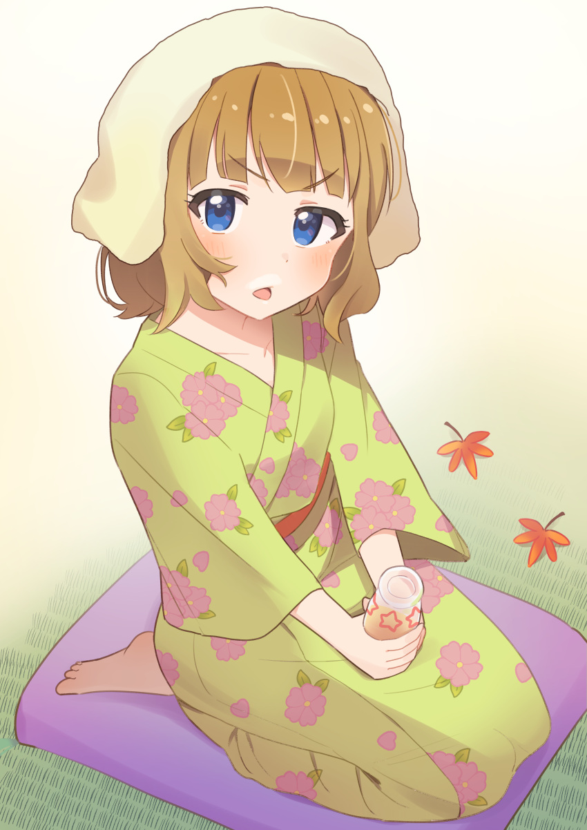 1girl, absurdres, after_bathing, bath_yukata, blush, bottle, brown_hair, commentary_request