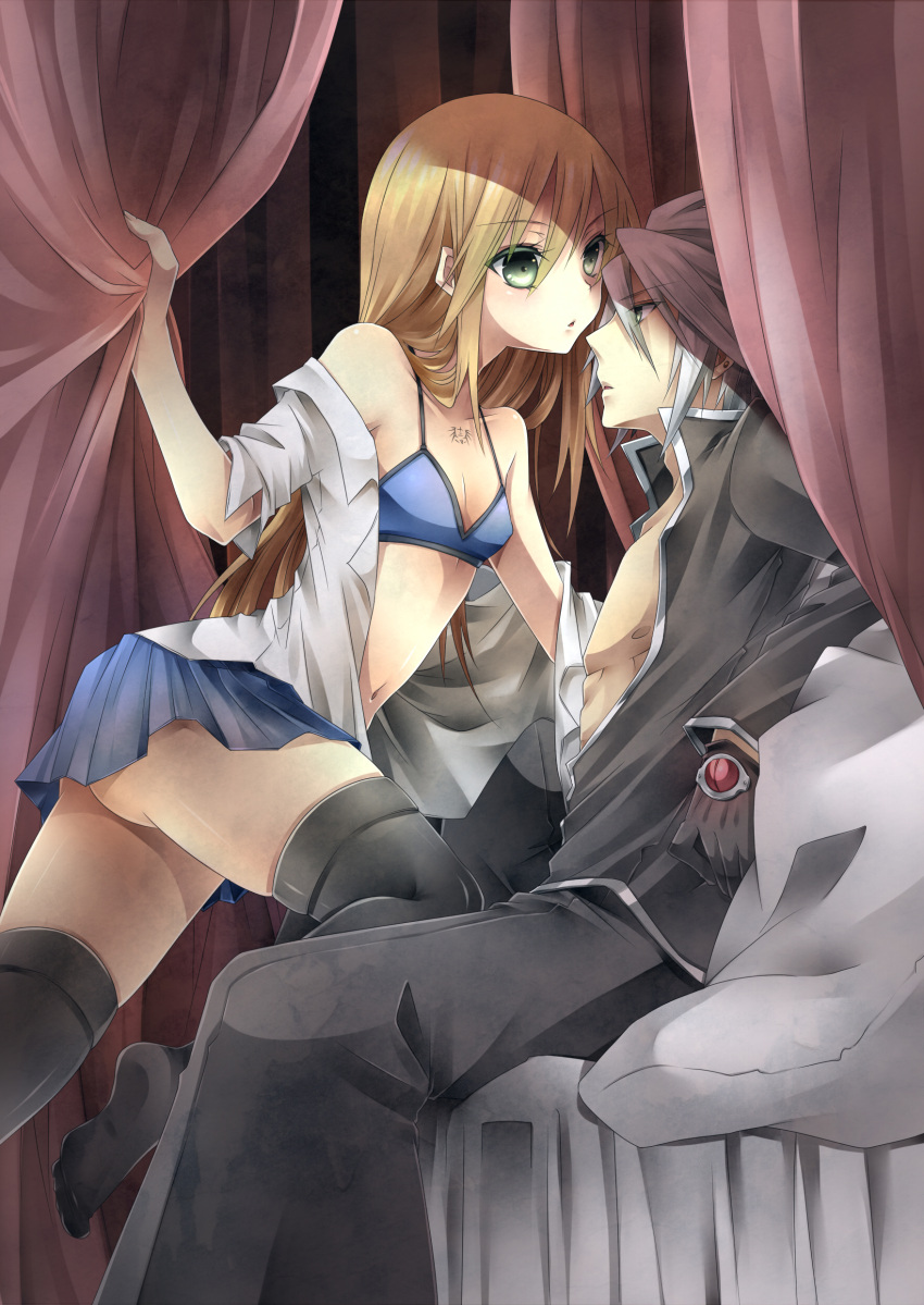 1boy, 1girl, absurdres, artist_request, ass, bed, black_gloves, black_legwear