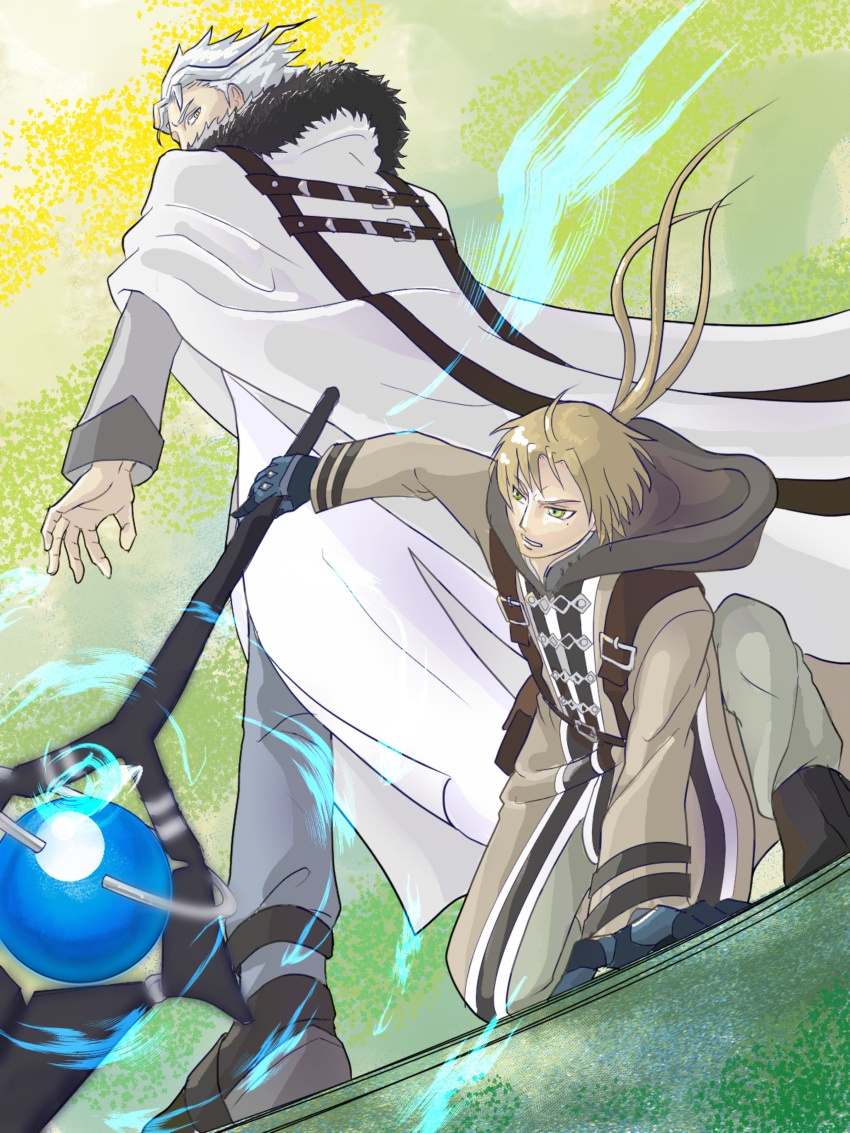 2boys, absurdres, aqua_heartia, brown_hair, casting_spell, cloak, fur-trimmed_cloak, fur_trim