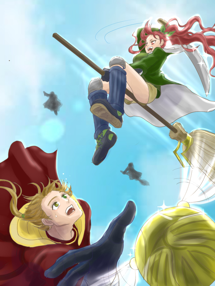 1boy, 1girl, absurdres, bow, broom, broom_riding, brown_hair, commentary_request