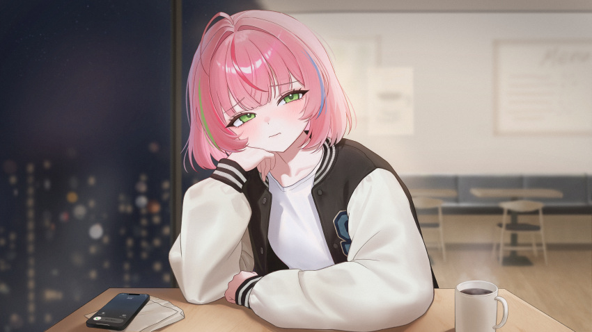 1girl, absurdres, ahoge, arm_on_table, blue_streaks, blush, cafe, cellphone