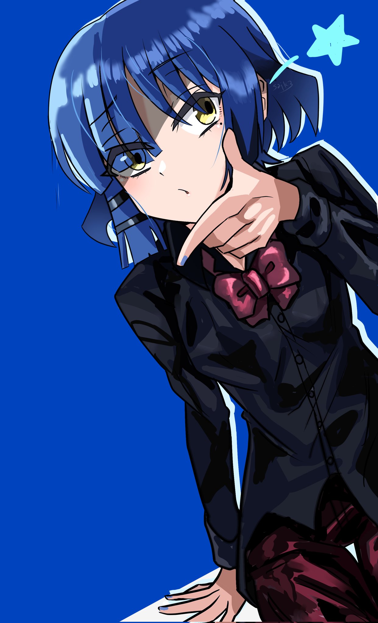 1girl, black_suit, blue_background, blue_hair, bocchi_the_rock!, bow, bowtie, closed_mouth
