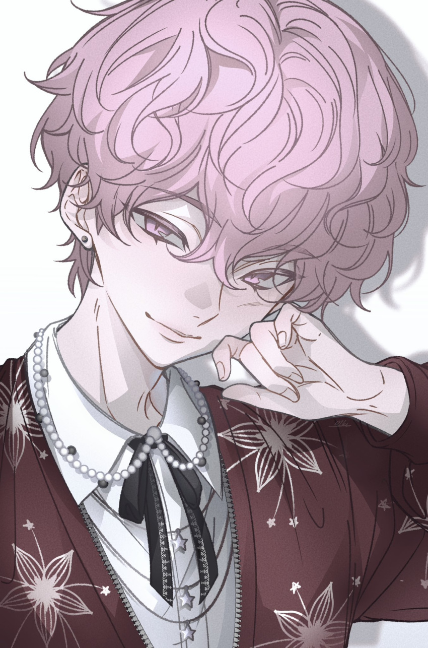 1boy, bamby_(plave), closed_mouth, commentary, drop_shadow, english_commentary, hair_between_eyes, hand_up