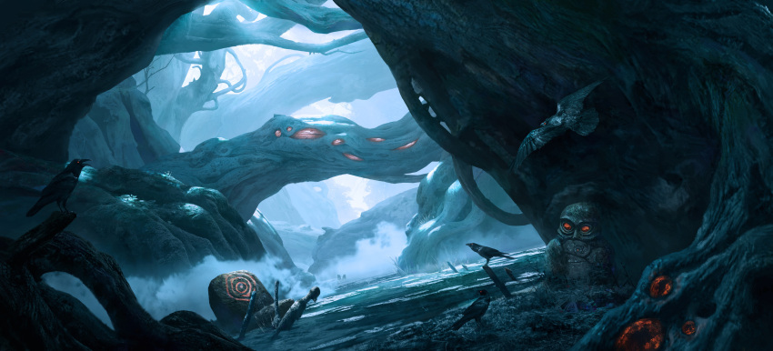 absurdres, bird, chinese_commentary, commentary_request, crow, fog, gem, glowing, glowing_eyes, grey_sky, highres, hill, horror_(theme), jungle, landscape, nature, original, outdoors, painterly, plant_roots, red_eyes, red_gem, scenery, sky, statue, zhongjusun