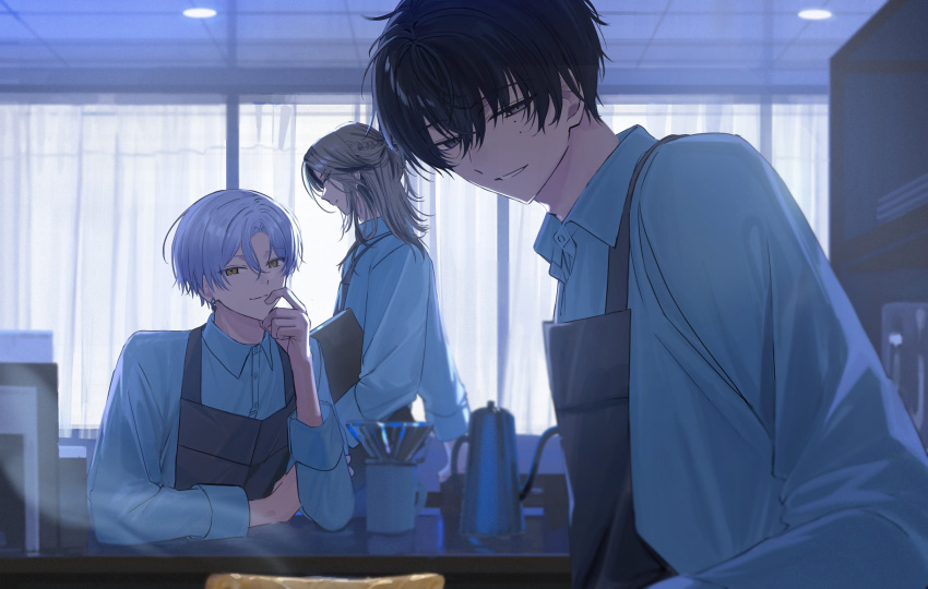 18trip, 22kolink, 3boys, apron, arm_on_table, black_hair, ceiling, closed_mouth