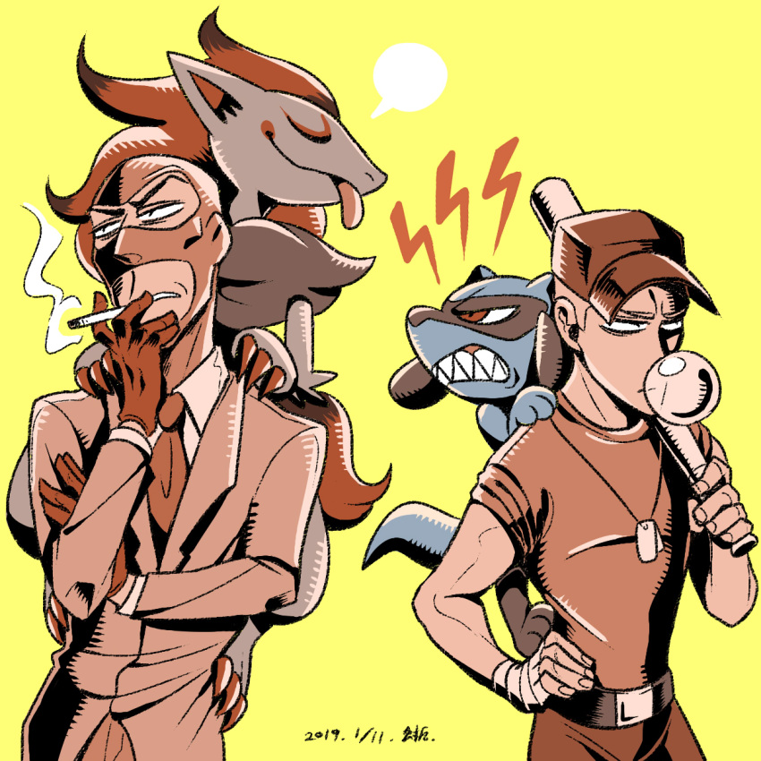2boys, :p, baseball_bat, blowing_bubble_gum, chewing_gum, chinese_commentary, cigarette, closed_mouth