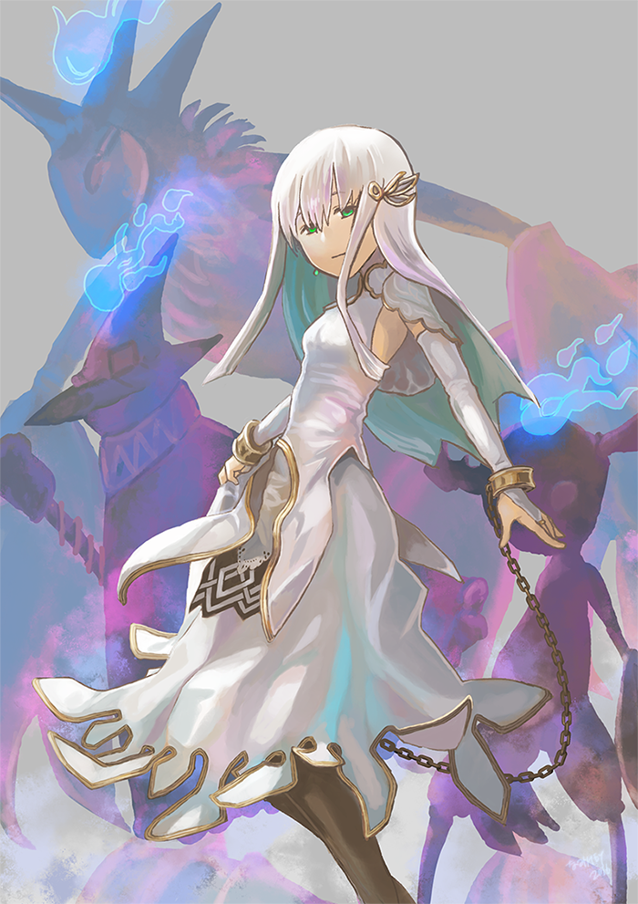 1girl, aya_namihei, beast_villain_(grimms_notes), boogie_villain_(grimms_notes), breasts, bridal_gauntlets, brown_pantyhose, capelet