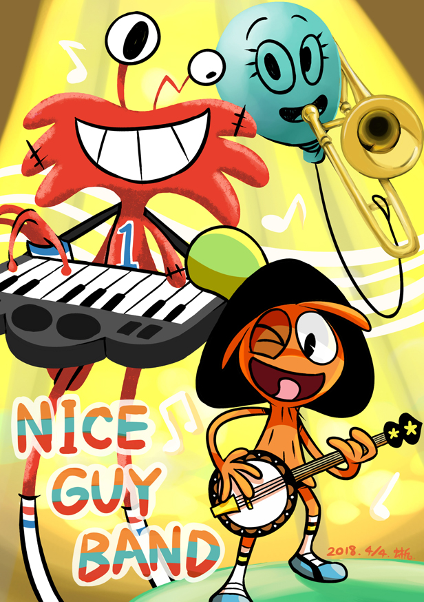 3boys, alan_keane, amputee, balloon, banjo, beamed_eighth_notes, blue_shoes, chinese_commentary