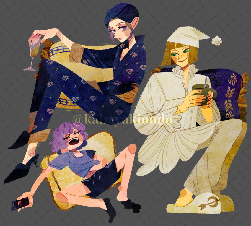 3boys, artist_name, black_pajamas, black_robe, black_socks, blonde_hair, bob_cut, closed_eyes