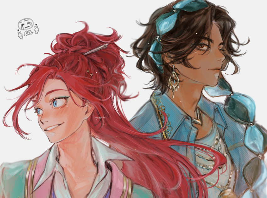 2boys, aqua_eyes, aqua_eyeshadow, aqua_jacket, aripyon, brown_eyes, brown_hair, closed_mouth