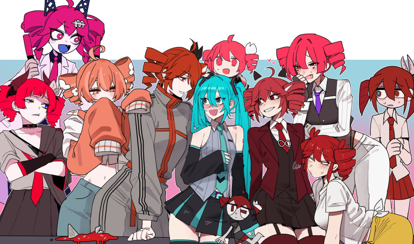 6+girls, absurdres, ahoge, aqua_eyes, aqua_hair, baumkuchen_endroll_(vocaloid), birdbrain_(synthesizer_v), brain_rot_(synthesizer_v), character_request, copyright_request, crossover, dadadadadaru, doomer_(synthesizer_v), drill_hair, execution_clap_(synthesizer_v), hair_between_eyes, hatsune_miku, hatsune_miku_(vocaloid6), highres, kasane_teto, kasane_teto_(sv), long_hair, long_sleeves, looking_at_viewer, melt_ice_cream_(vocaloid), multiple_girls, necktie, open_mouth, pppp_(vocaloid), ratatatat74, red_eyes, red_hair, shirt, signaling_(vocaloid), simple_background, skirt, smile, solo, songover, synthesizer_v, teto_the_31st, tetoris_(synthesizer_v), twin_drills, twintails, utau, very_long_hair, vocaloid