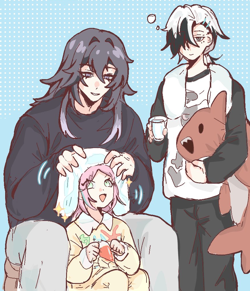 1girl, 2boys, aged_down, alternate_costume, ashveil_(honkai:_star_rail), black_hair, blue_background, boothill_(honkai:_star_rail)