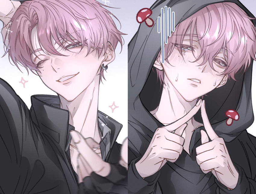 1boy, arm_up, black_gloves, black_shirt, commentary, crying, earrings, fingerless_gloves