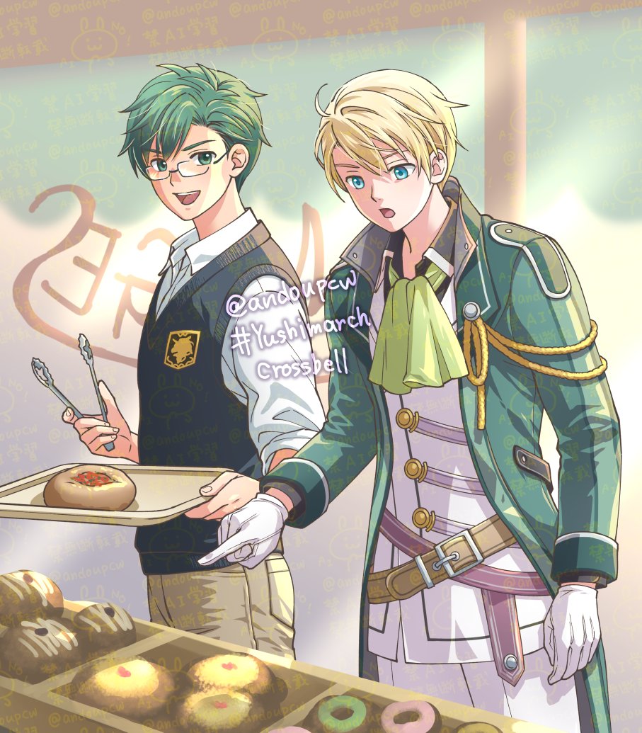 2boys, :d, :o, andoupcw, blonde_hair, blue_eyes, bread, coat