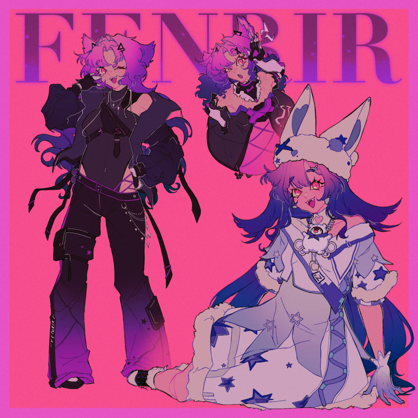 1girl, animal_ears, bare_shoulders, blue_hair, breasts, commentary, dress, fenrir_(fluffy_white_chocolate)_(tower_of_fantasy)