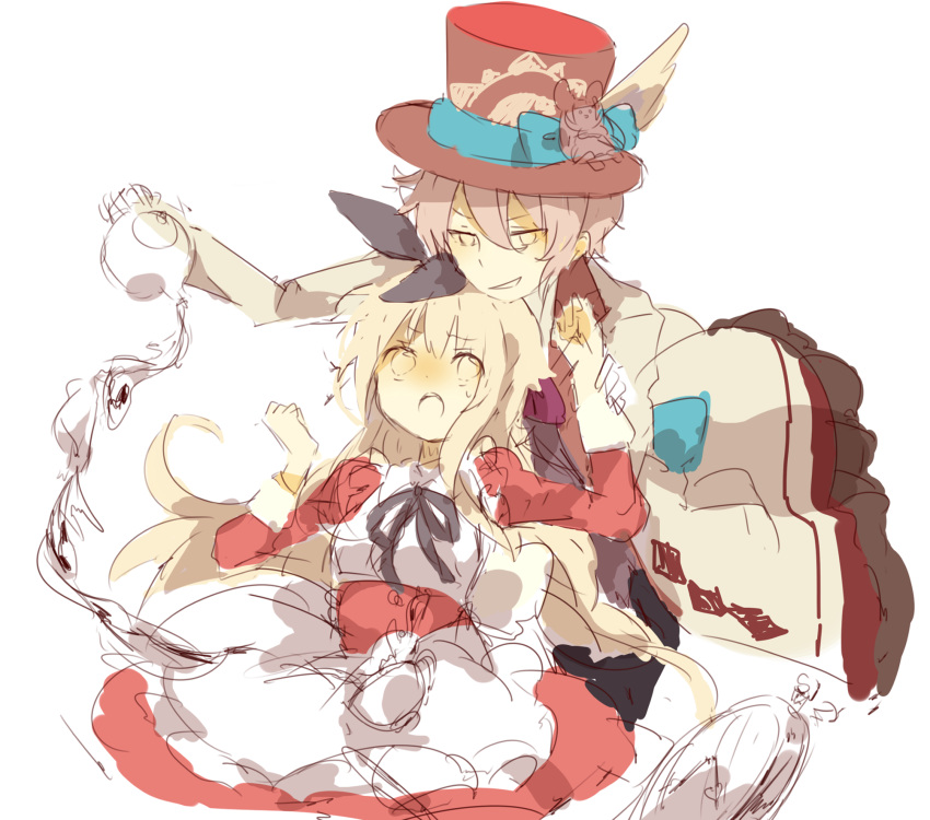 1boy, 1girl, alice_(kagami_no_kuni)_(grimms_notes), alice_(original)_(grimms_notes), az_9649, blonde_hair, blush, brown_hat