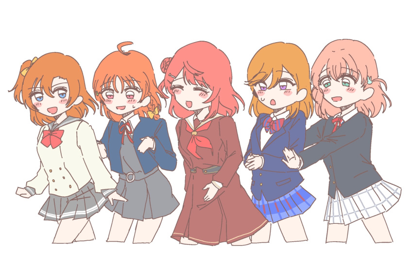5girls, :d, ahoge, black_jacket, blue_eyes, blue_jacket, blue_skirt, blush